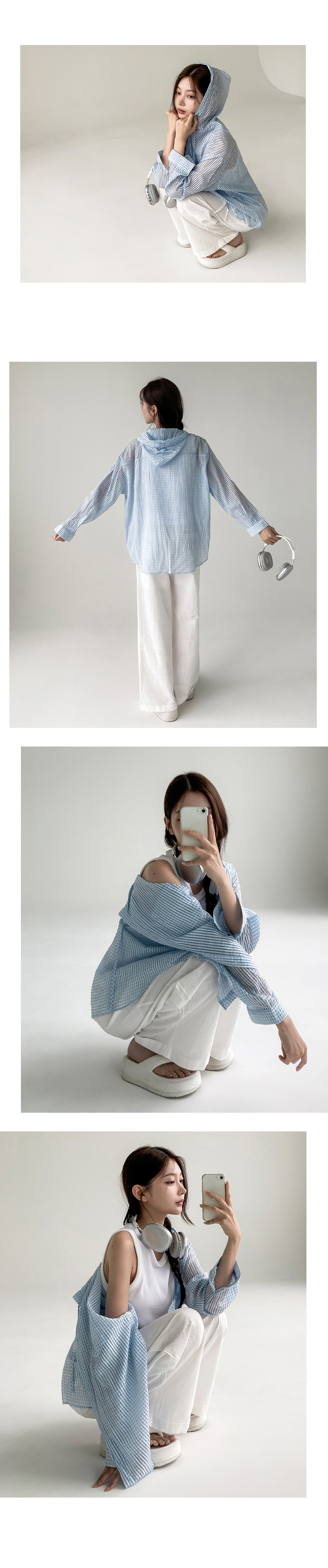 [살안타템]써미 시스루 체크 후드 셔츠