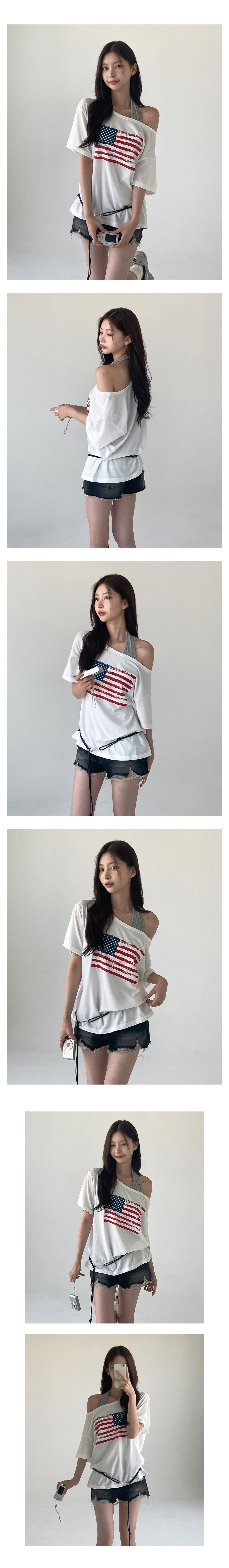 [여리힙/체형커버]커비 원숄더 성조기 반팔티
