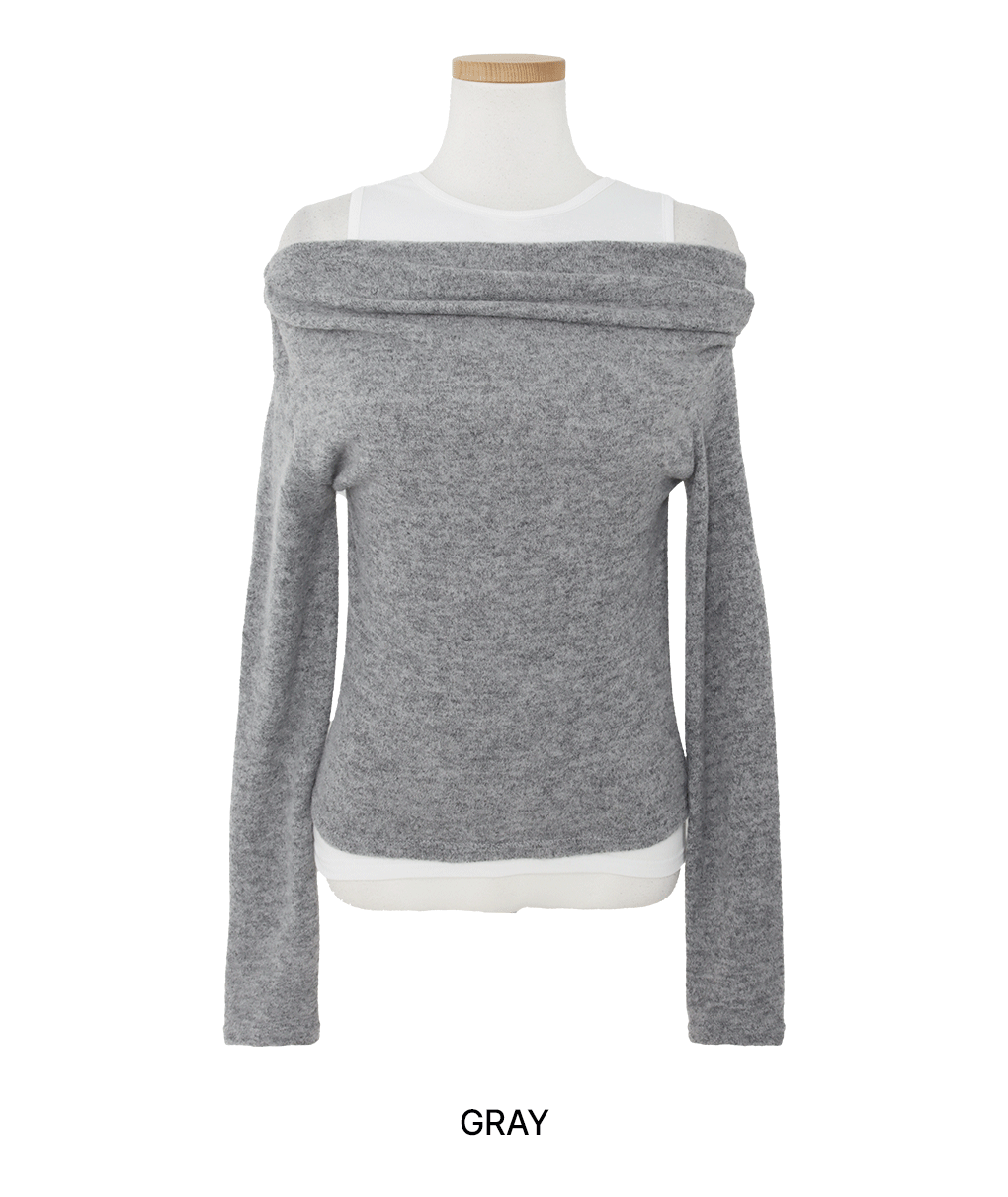 [나시일체형]모건 셔링 오프숄더 긴팔티