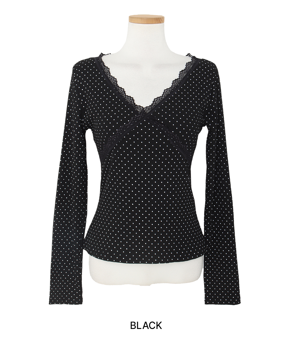 [페미닌/기모안감]티즐 땡땡이 브이 긴팔티