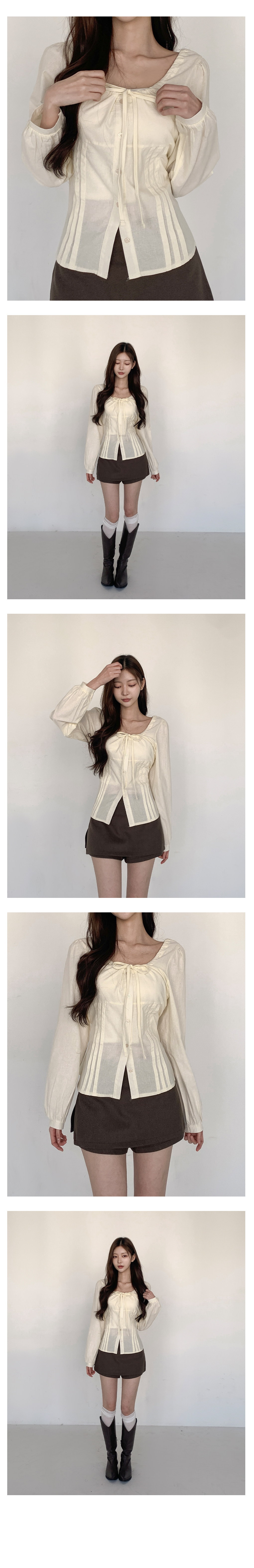 [잘록핏/코디추천]로맨틱 리본 퍼프 블라우스