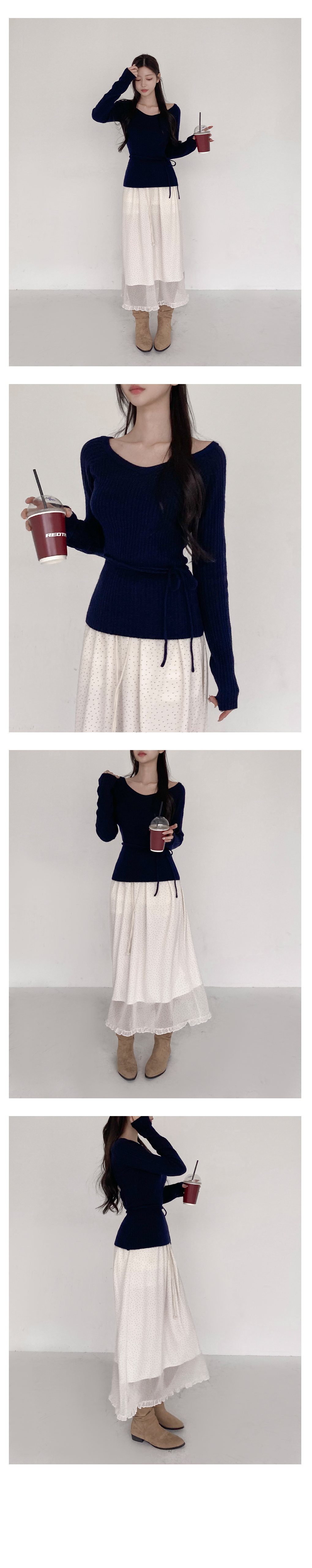 [투웨이스트랩set]카멜 브이 오프숄더 니트