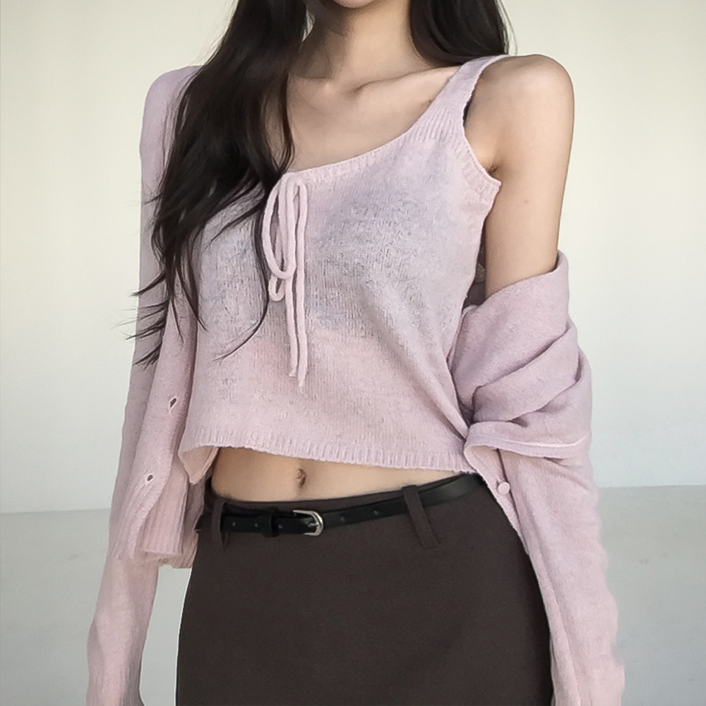 [울함유/세트구성]피치 모헤어 나시 가디건