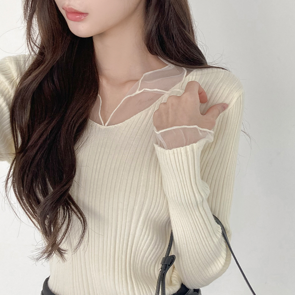 [고급미🖤/여리여리]벌스데이 시스루 카라 골지 니트