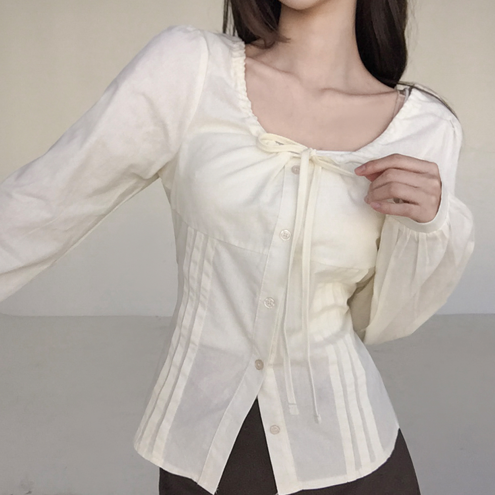 [잘록핏/코디추천]로맨틱 리본 퍼프 블라우스