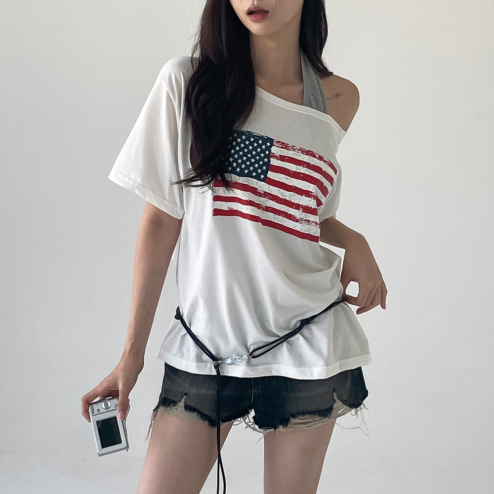 [여리힙/체형커버]커비 원숄더 성조기 반팔티