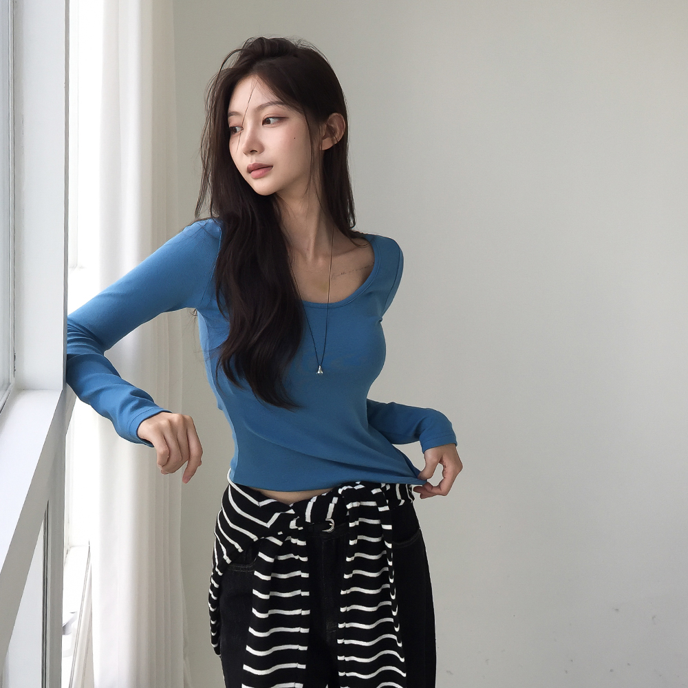 [데일리템/여리여리핏]딥 유넥 쫀쫀 긴팔티