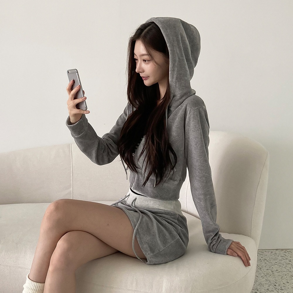 [세트가능/페미닌]위크 벨벳 크롭 후드집업