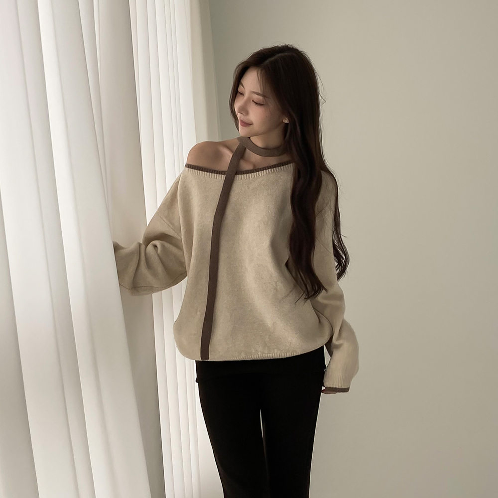 [머플러set/아방핏]메로니 배색 입술넥 니트