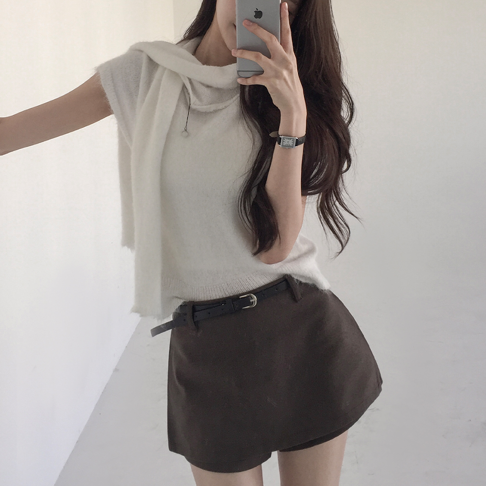 [타이일체형/페미닌]로엔 머플러 반팔 니트